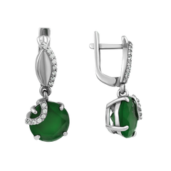 Срібні сережки з зеленими агатами, 5.09, 2 зел. агат. 6.12 ct., 44 куб. цирк., родій